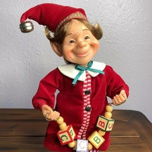 KAREN DIDION STYLE ELF DOLL CHRISTMAS SANTA HAT WORKSHOP TOY MAKER WOOD BLOCKS